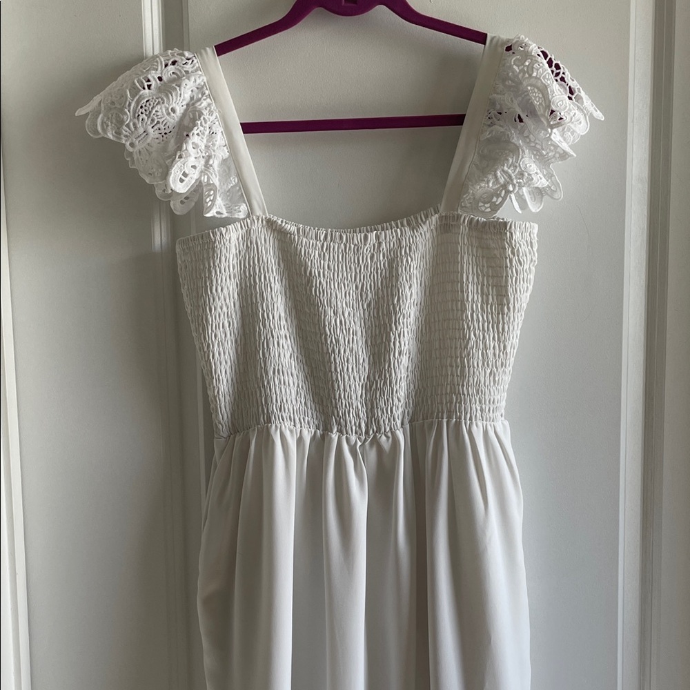 White Maxi Dress with lace, smocked, pockets, flutter sleeve, spring summer - Picture 12 of 16
